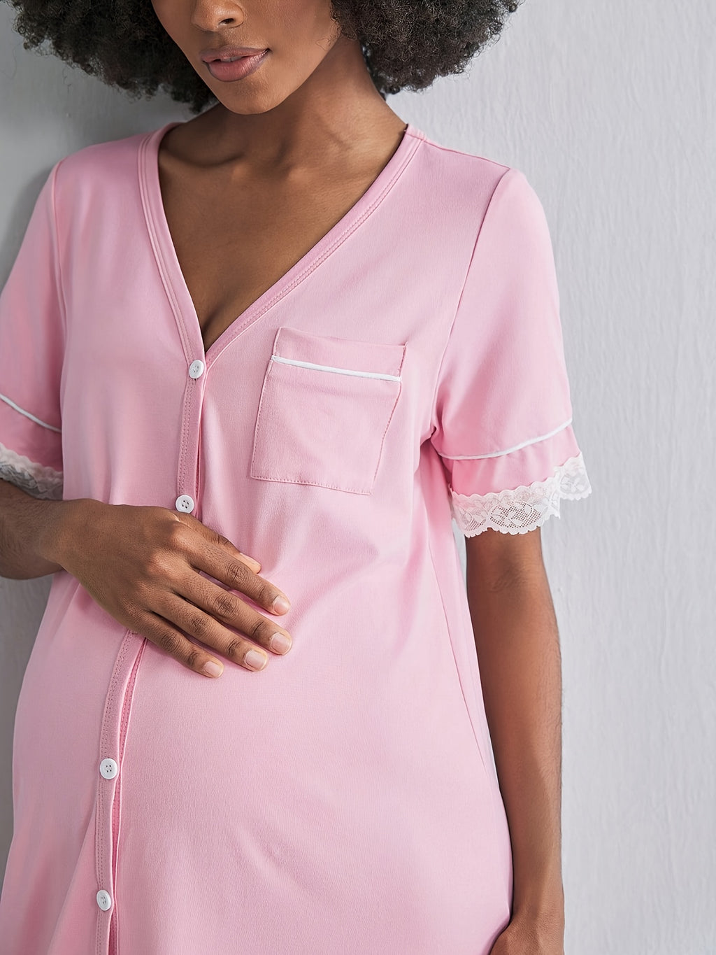 Nursing Pregnancy Nightgown with Front Button Closure & Short Sleeves - Elegant Pink Lace Nightdress Suitable for Breastfeeding Moms, Machine Washable Maternity Sleepwear