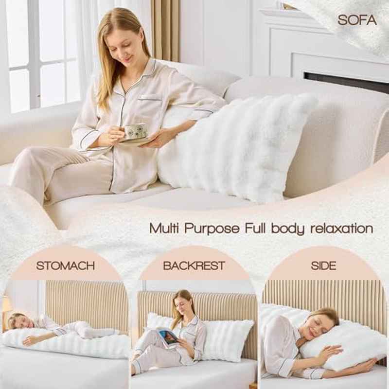 Adult Faux Fur Fluffy Body Pillow with Shredded Blue Memory Foam Insert | Adjustable Height, Soft Support for Side Sleeping, Pregnant Women, Washable, Polyester Fiber