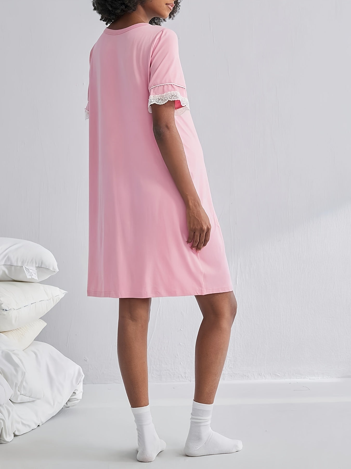 Nursing Pregnancy Nightgown with Front Button Closure & Short Sleeves - Elegant Pink Lace Nightdress Suitable for Breastfeeding Moms, Machine Washable Maternity Sleepwear
