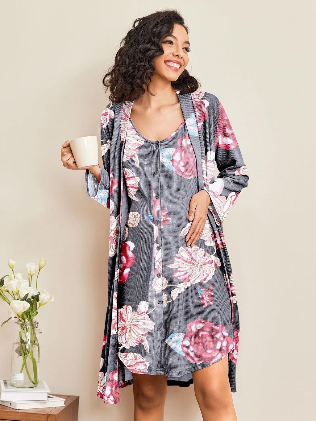 Maternity Care Clothes And Robe Set 2pcs, Waffle Nursing Nightgown 3-In-1 Loungewear, Nightgown, Suitable for Prenatal And Postpartum Wear