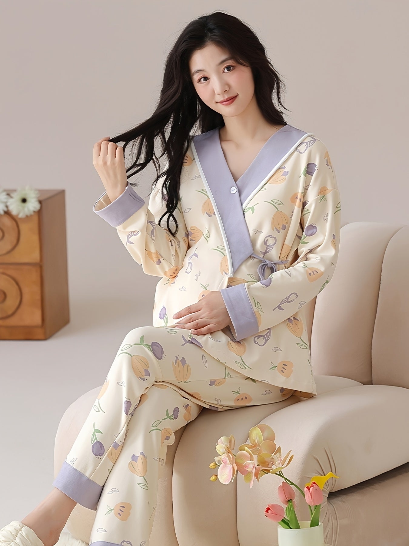 Tulip Gentle Spring Maternity Home Wear Built-In Bra Pads Adjustable Waistband V-Neck Kimono Style Tie Maternity Postpartum Breastfeeding Pajamas Long Sleeve Long Pants Two-Piece Set