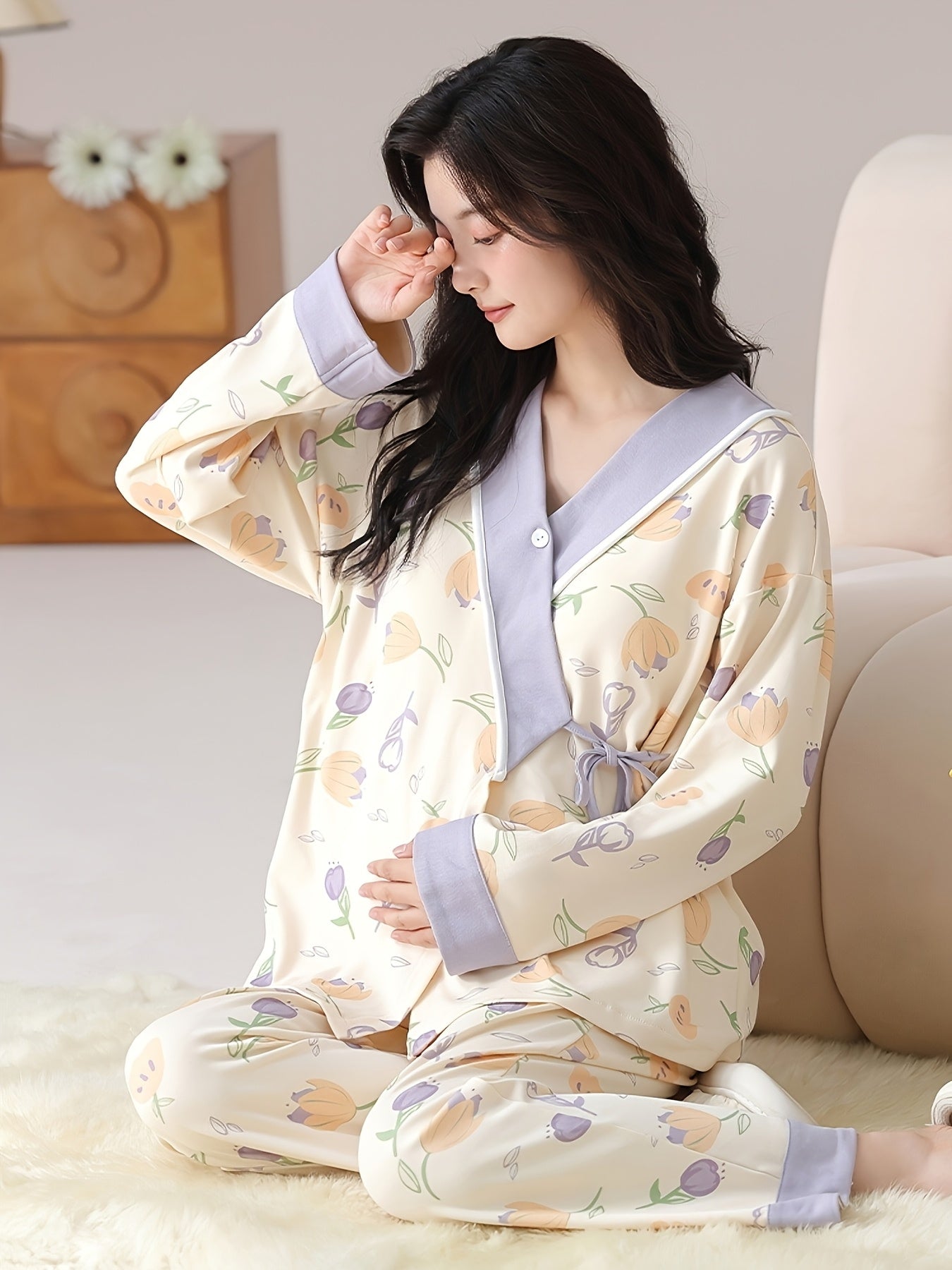 Tulip Gentle Spring Maternity Home Wear Built-In Bra Pads Adjustable Waistband V-Neck Kimono Style Tie Maternity Postpartum Breastfeeding Pajamas Long Sleeve Long Pants Two-Piece Set