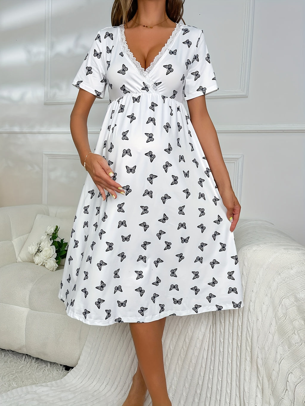 Pregnancy Nightgown - Butterfly Print And Lace Trim Short Sleeve Maternity Nightdress, A-Line Belly-Fitting Dress for Nursing And Sleepwear, Machine Washable Pajamas for Pregnant (All-Season)