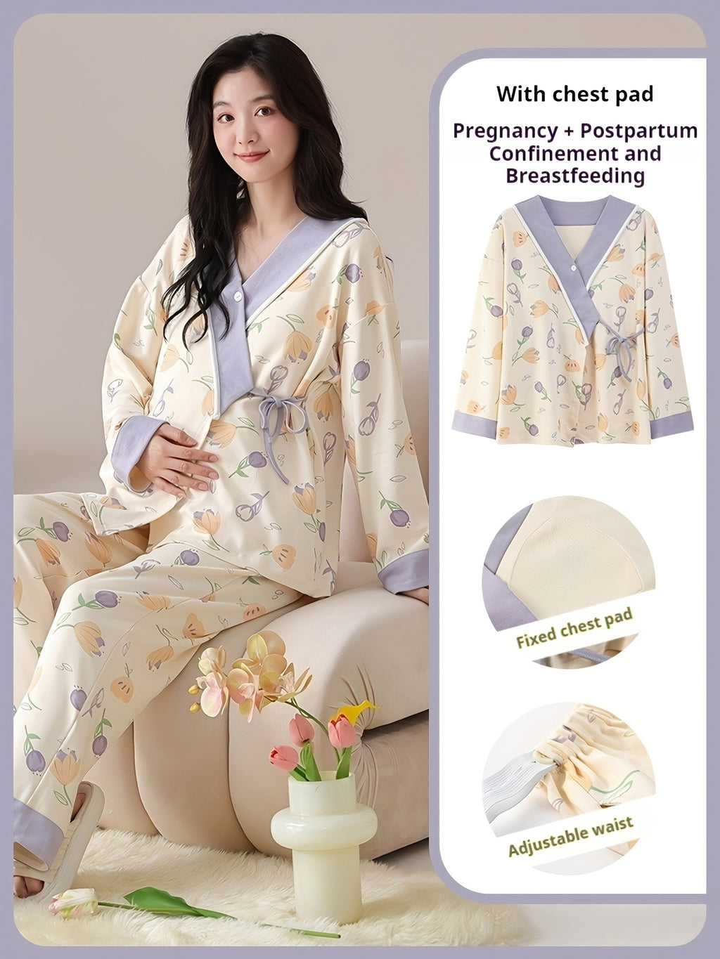 Tulip Gentle Spring Maternity Home Wear Built-In Bra Pads Adjustable Waistband V-Neck Kimono Style Tie Maternity Postpartum Breastfeeding Pajamas Long Sleeve Long Pants Two-Piece Set