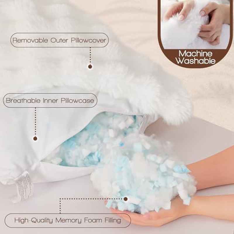 Adult Faux Fur Fluffy Body Pillow with Shredded Blue Memory Foam Insert | Adjustable Height, Soft Support for Side Sleeping, Pregnant Women, Washable, Polyester Fiber