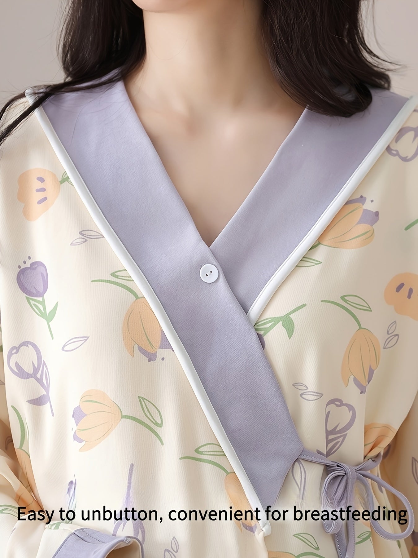 Tulip Gentle Spring Maternity Home Wear Built-In Bra Pads Adjustable Waistband V-Neck Kimono Style Tie Maternity Postpartum Breastfeeding Pajamas Long Sleeve Long Pants Two-Piece Set