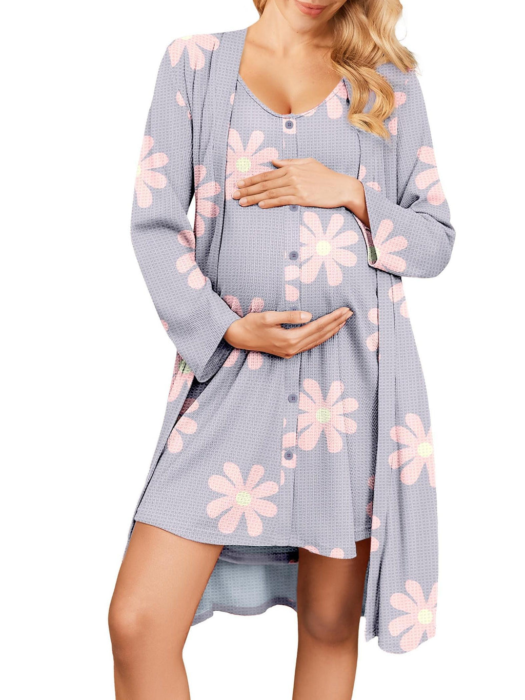 Maternity Care Clothes And Robe Set 2pcs, Waffle Nursing Nightgown 3-In-1 Loungewear, Nightgown, Suitable for Prenatal And Postpartum Wear