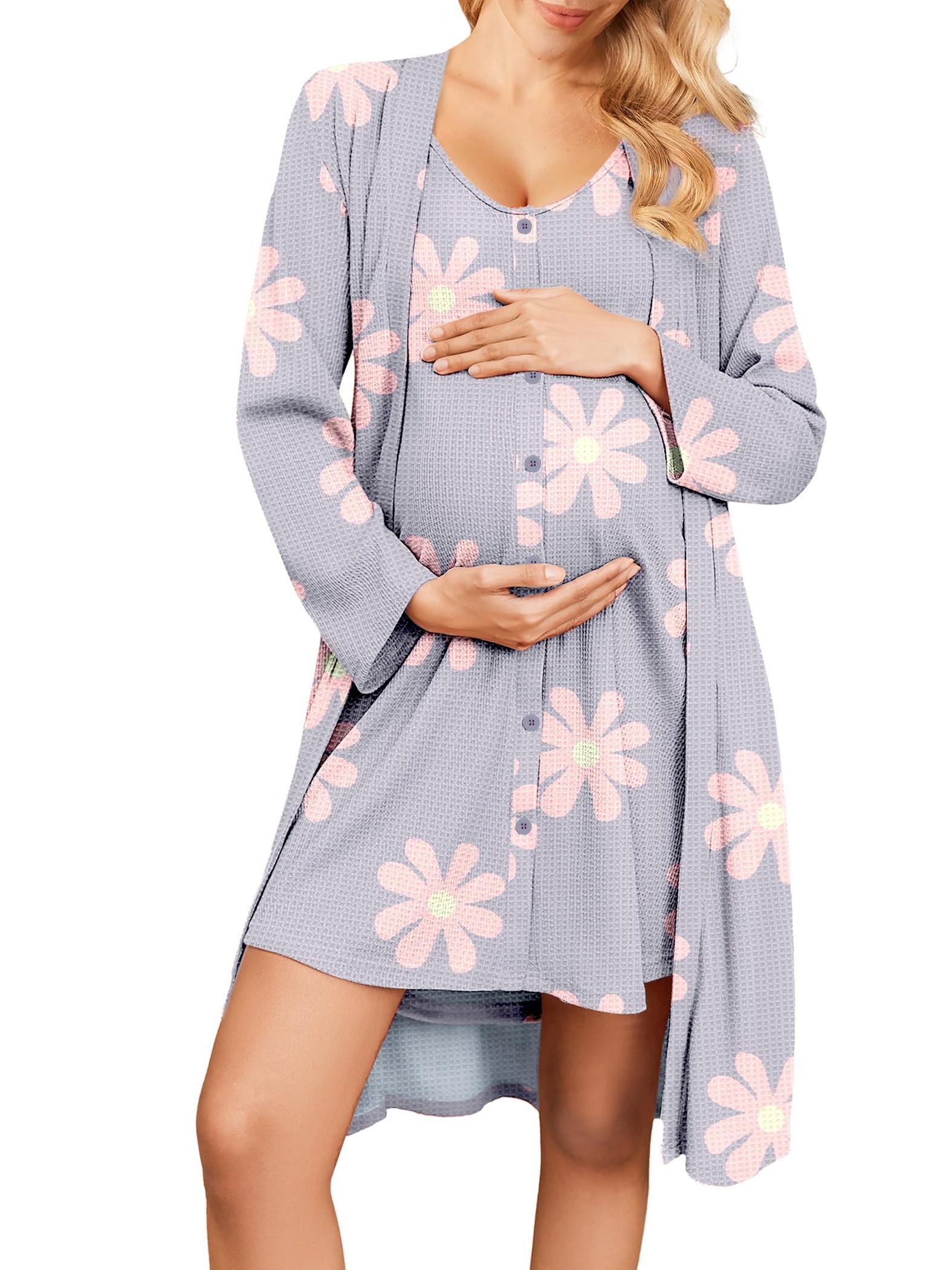 Maternity Care Clothes And Robe Set 2pcs, Waffle Nursing Nightgown 3-In-1 Loungewear, Nightgown, Suitable for Prenatal And Postpartum Wear
