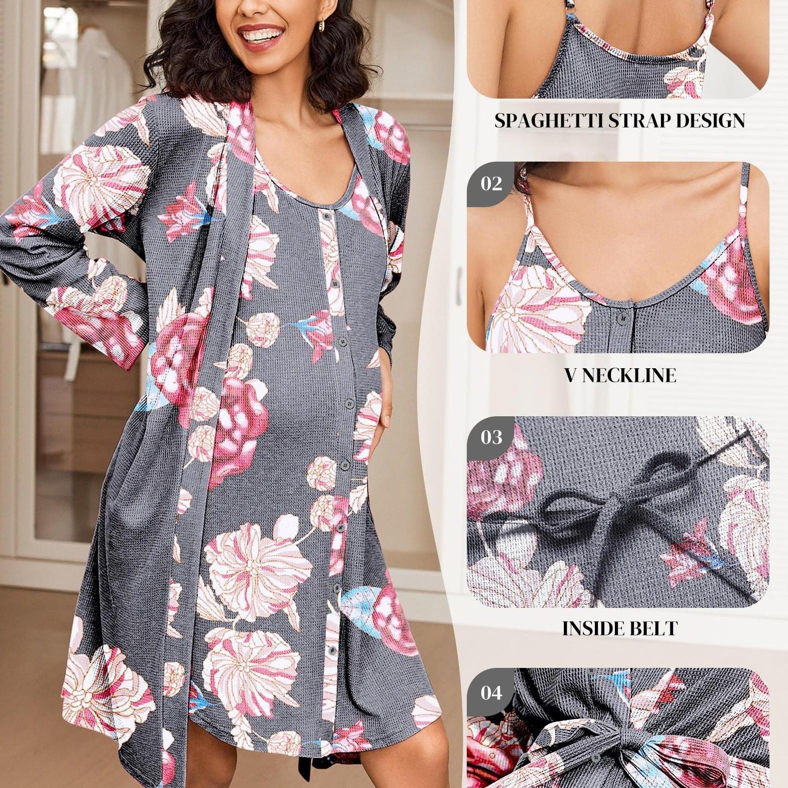 Maternity Care Clothes And Robe Set 2pcs, Waffle Nursing Nightgown 3-In-1 Loungewear, Nightgown, Suitable for Prenatal And Postpartum Wear