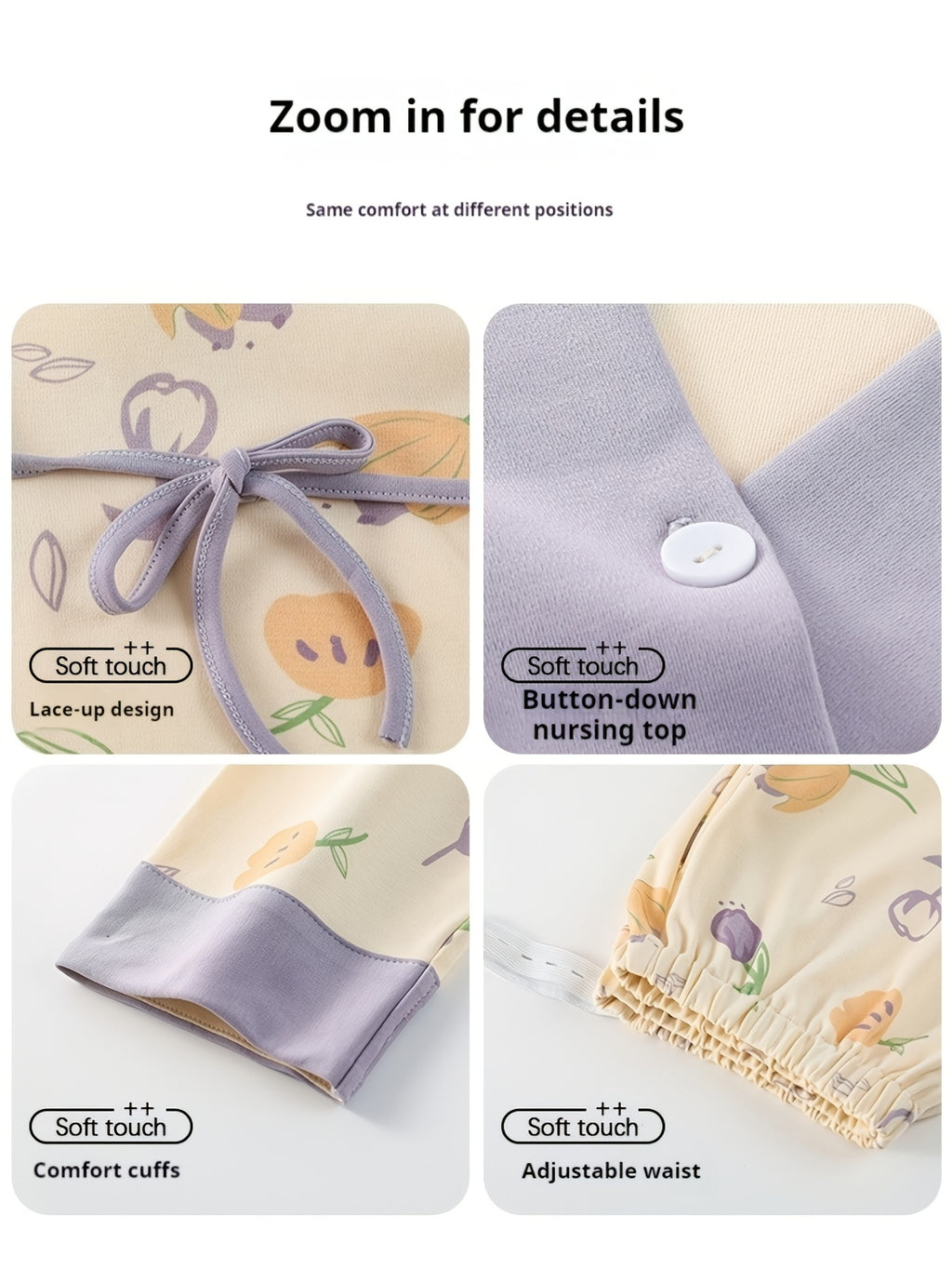 Tulip Gentle Spring Maternity Home Wear Built-In Bra Pads Adjustable Waistband V-Neck Kimono Style Tie Maternity Postpartum Breastfeeding Pajamas Long Sleeve Long Pants Two-Piece Set