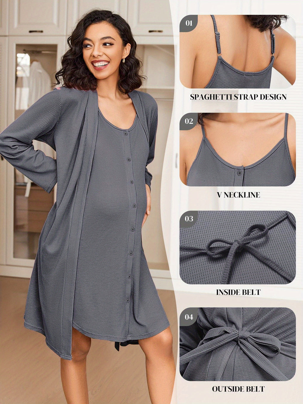 Maternity Care Clothes And Robe Set 2pcs, Waffle Nursing Nightgown 3-In-1 Loungewear, Nightgown, Suitable for Prenatal And Postpartum Wear