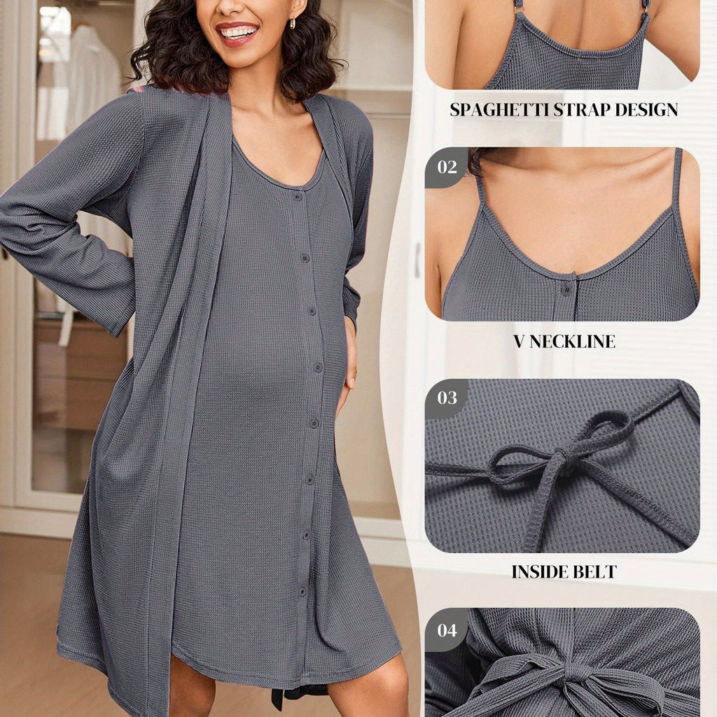 Maternity Care Clothes And Robe Set 2pcs, Waffle Nursing Nightgown 3-In-1 Loungewear, Nightgown, Suitable for Prenatal And Postpartum Wear