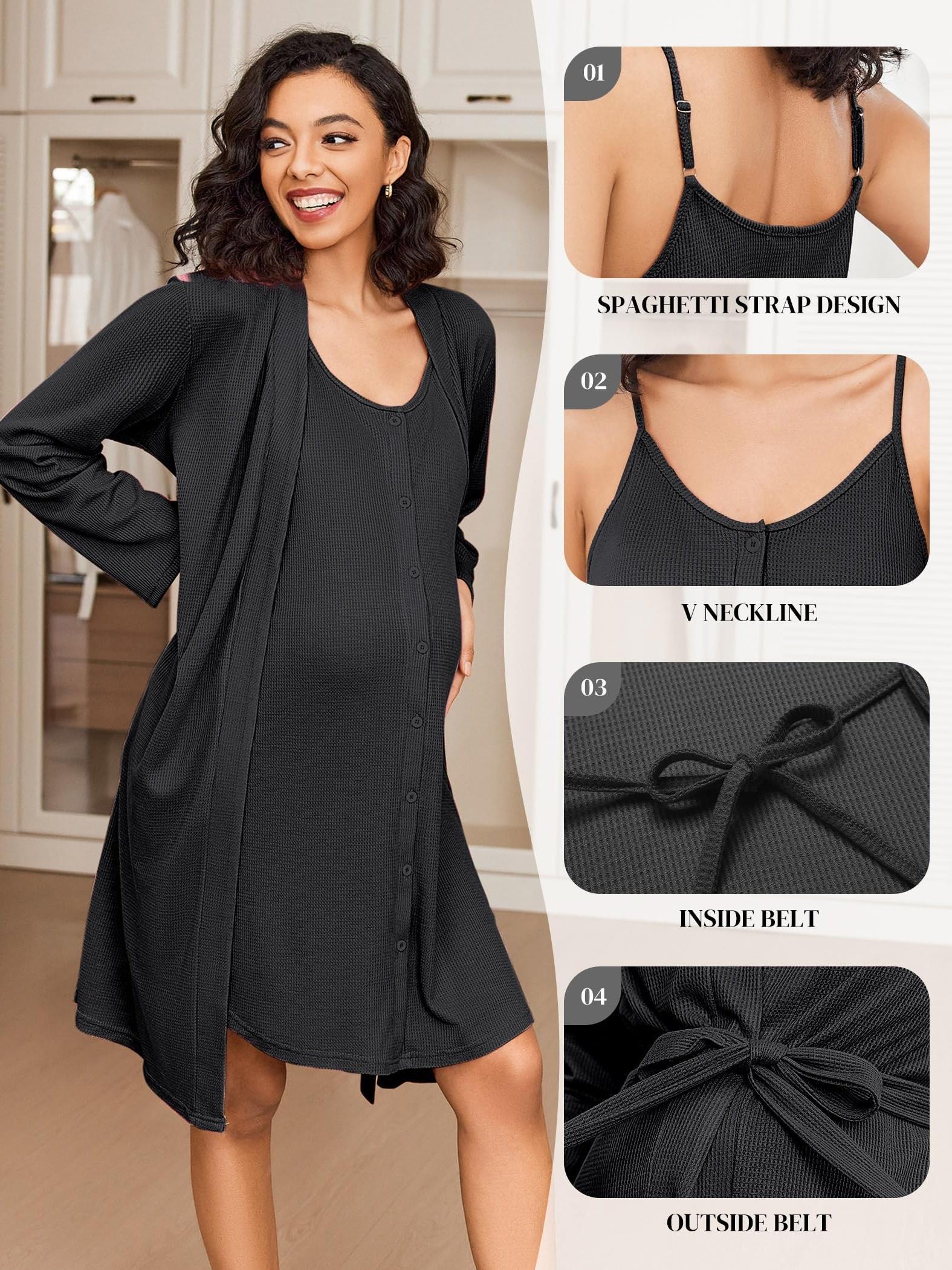 Maternity Care Clothes And Robe Set 2pcs, Waffle Nursing Nightgown 3-In-1 Loungewear, Nightgown, Suitable for Prenatal And Postpartum Wear
