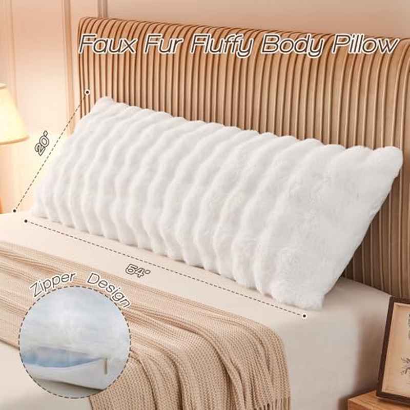 Adult Faux Fur Fluffy Body Pillow with Shredded Blue Memory Foam Insert | Adjustable Height, Soft Support for Side Sleeping, Pregnant Women, Washable, Polyester Fiber