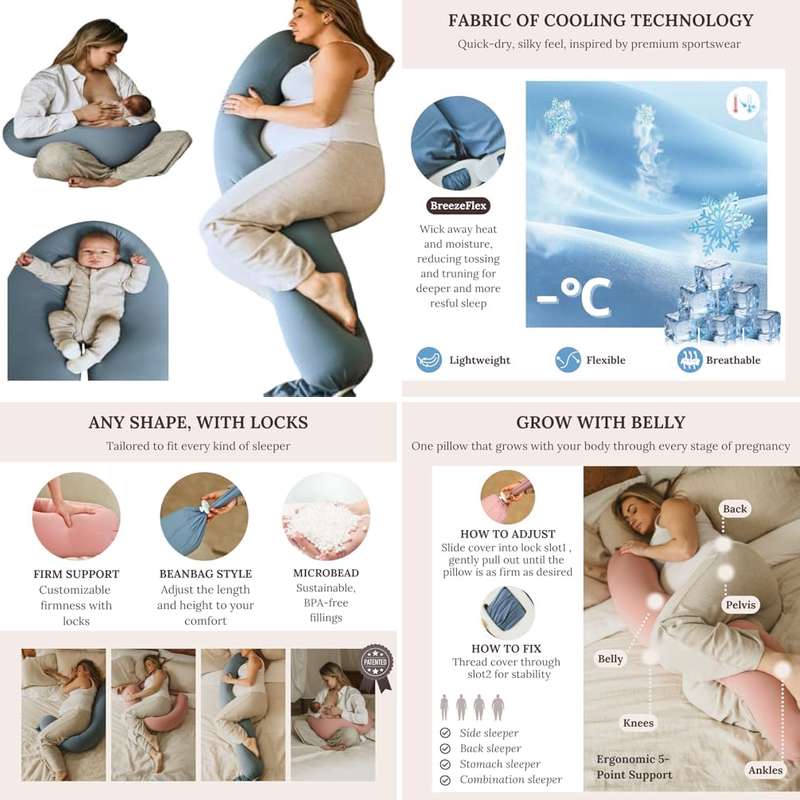 5-in-1 Pregnancy Pillow with Cooling Cover & Lockable O-Shape Nursing Maternity Support - Adjustable Beanbag Suitable for Growing Belly, Full Body 5-Point Support for Side Sleepers, Travel Bag Included for Bed, Couch, Use