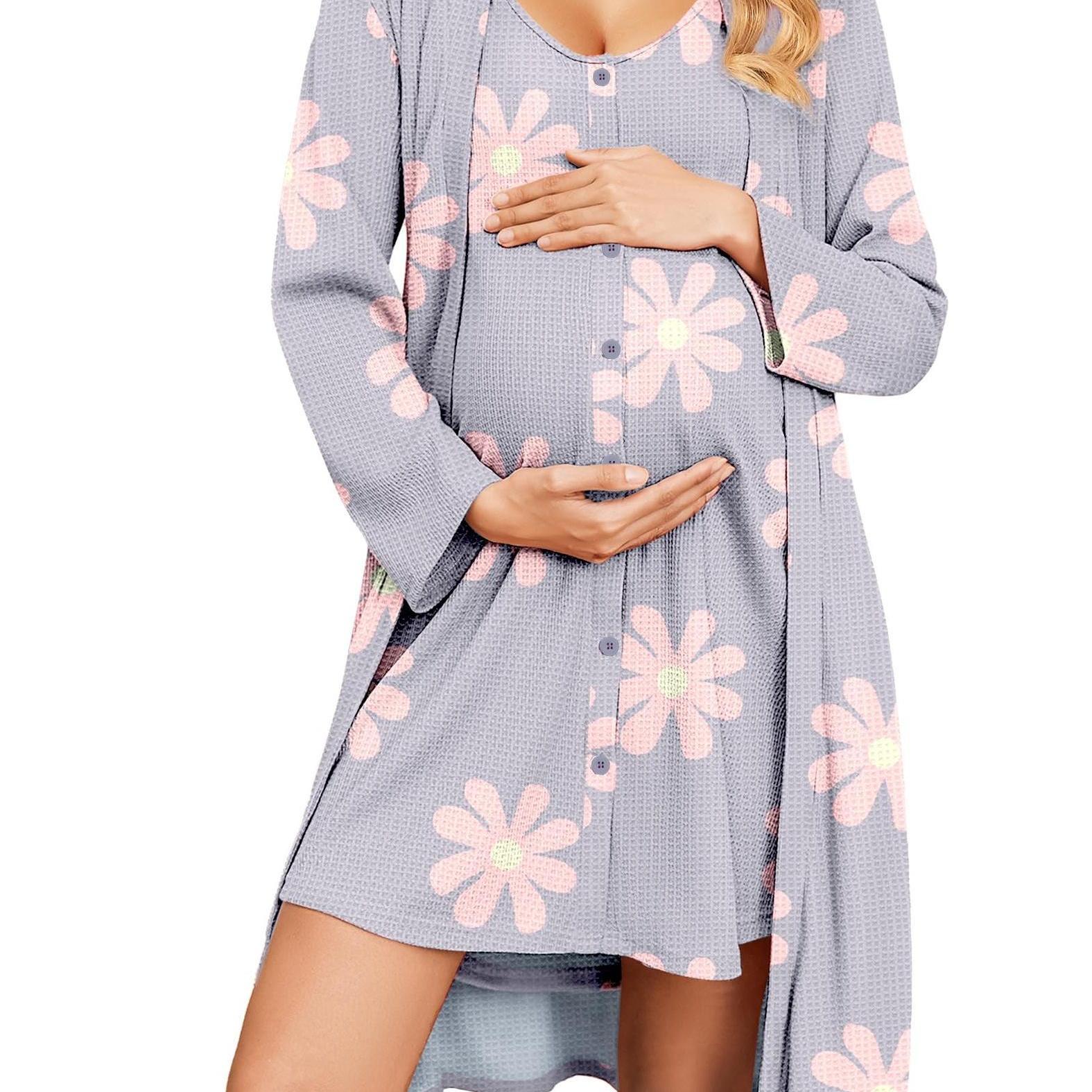 Maternity Care Clothes And Robe Set 2pcs, Waffle Nursing Nightgown 3-In-1 Loungewear, Nightgown, Suitable for Prenatal And Postpartum Wear