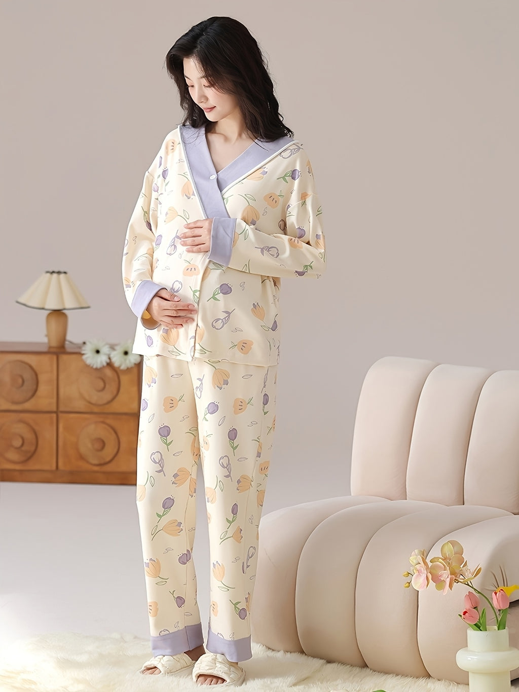 Tulip Gentle Spring Maternity Home Wear Built-In Bra Pads Adjustable Waistband V-Neck Kimono Style Tie Maternity Postpartum Breastfeeding Pajamas Long Sleeve Long Pants Two-Piece Set