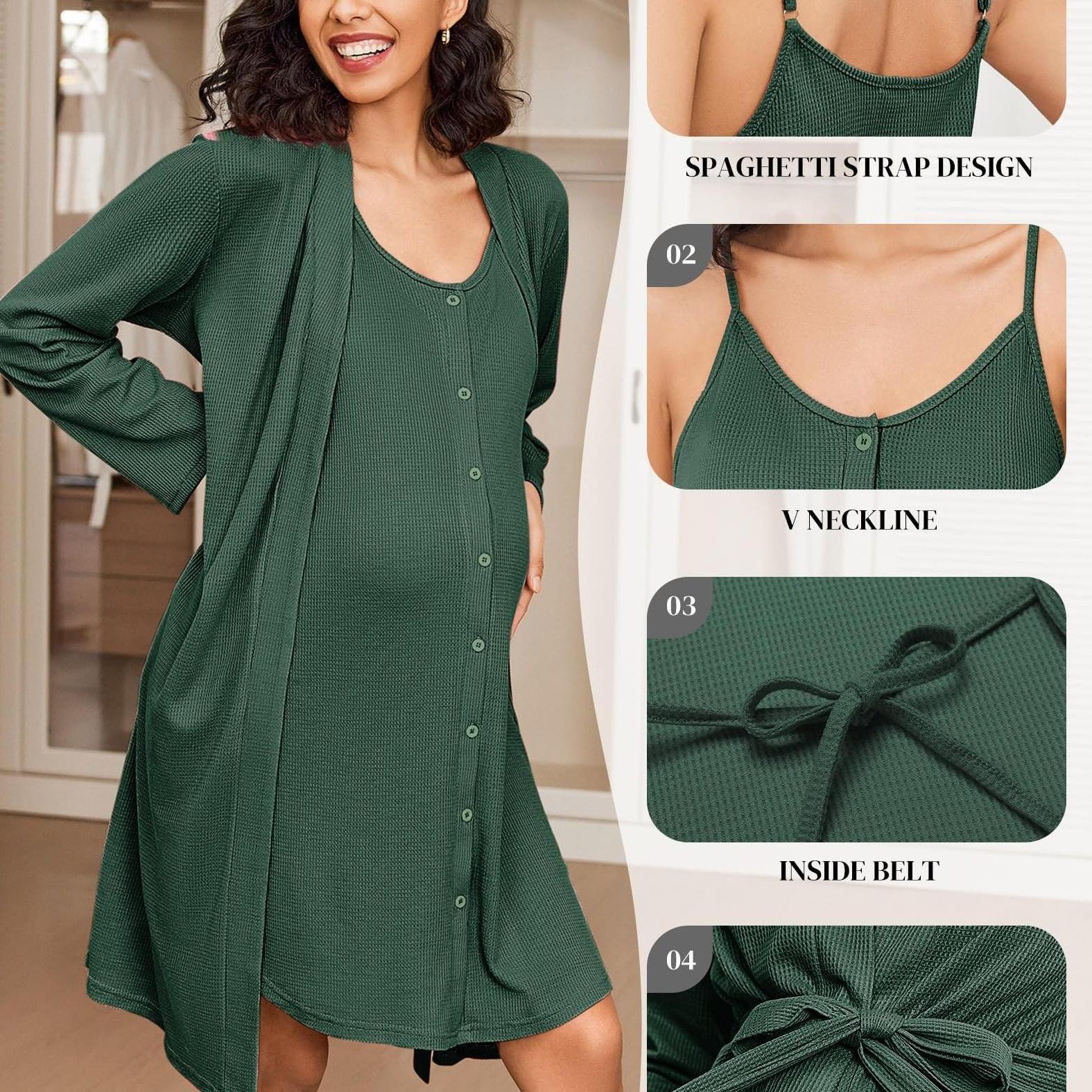 Maternity Care Clothes And Robe Set 2pcs, Waffle Nursing Nightgown 3-In-1 Loungewear, Nightgown, Suitable for Prenatal And Postpartum Wear