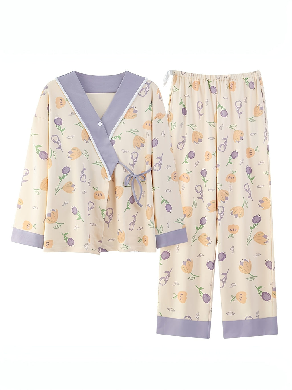 Tulip Gentle Spring Maternity Home Wear Built-In Bra Pads Adjustable Waistband V-Neck Kimono Style Tie Maternity Postpartum Breastfeeding Pajamas Long Sleeve Long Pants Two-Piece Set