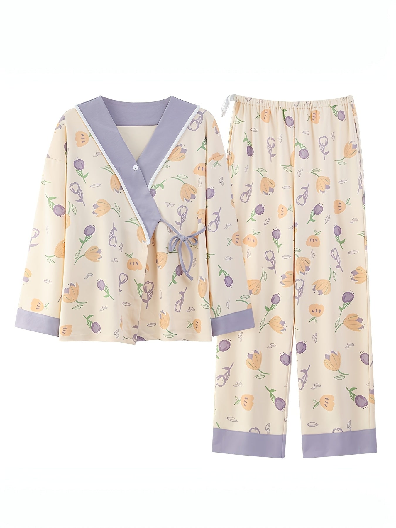 Tulip Gentle Spring Maternity Home Wear Built-In Bra Pads Adjustable Waistband V-Neck Kimono Style Tie Maternity Postpartum Breastfeeding Pajamas Long Sleeve Long Pants Two-Piece Set