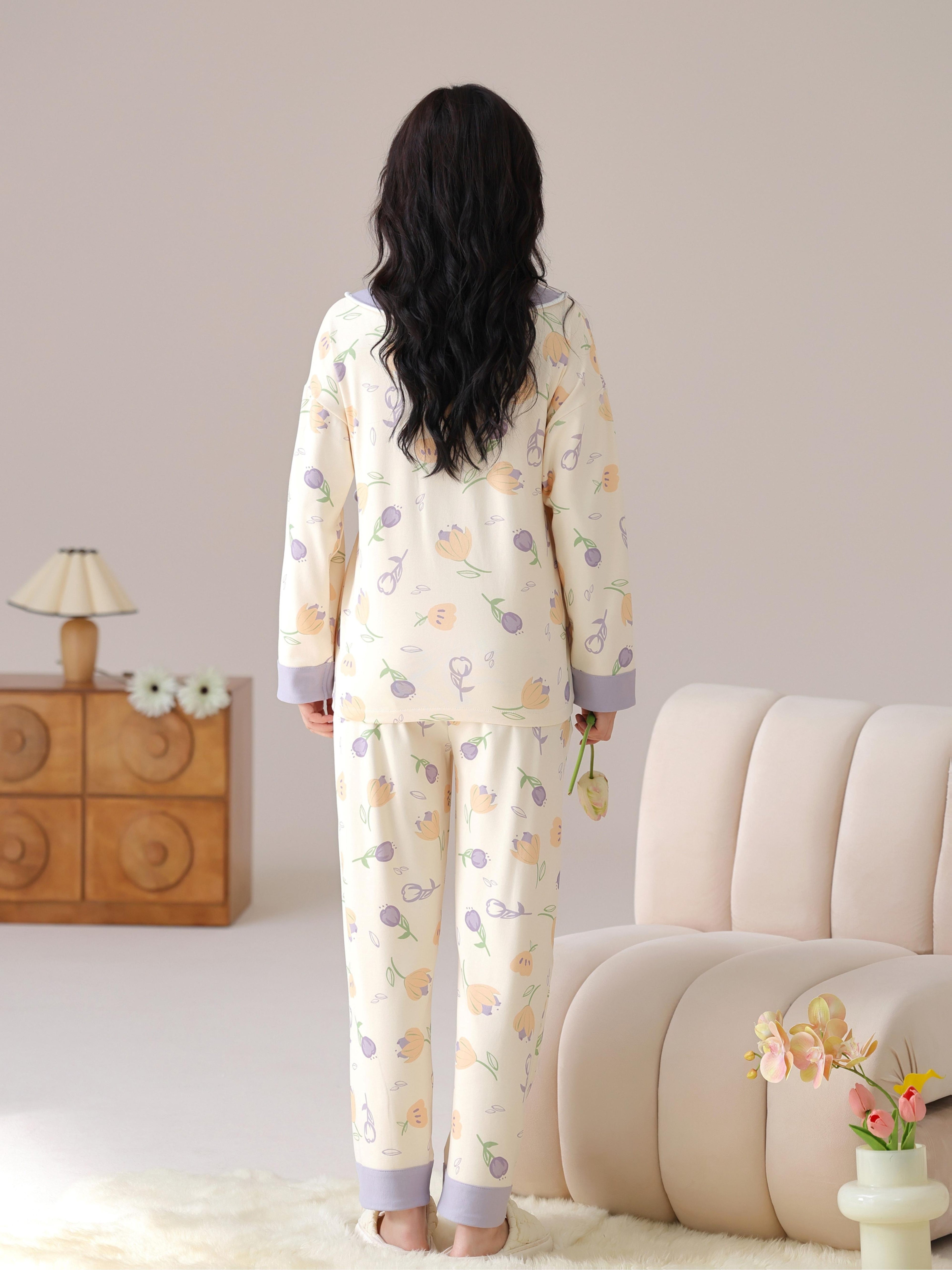 Tulip Gentle Spring Maternity Home Wear Built-In Bra Pads Adjustable Waistband V-Neck Kimono Style Tie Maternity Postpartum Breastfeeding Pajamas Long Sleeve Long Pants Two-Piece Set
