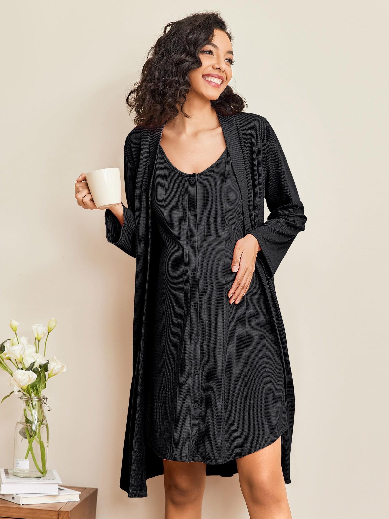 Maternity Care Clothes And Robe Set 2pcs, Waffle Nursing Nightgown 3-In-1 Loungewear, Nightgown, Suitable for Prenatal And Postpartum Wear