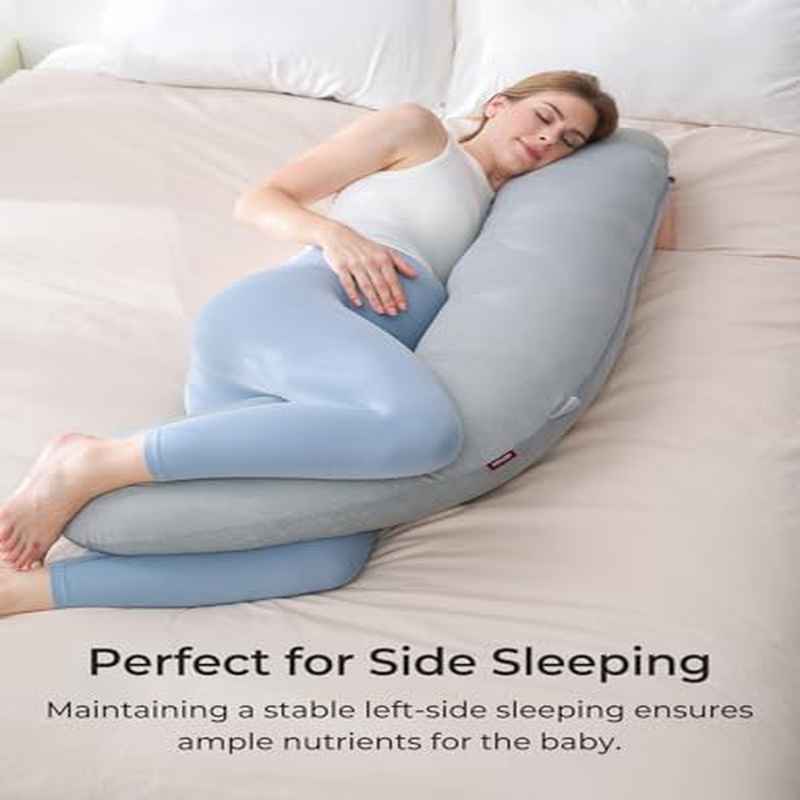 Momcozy Cooling Pregnancy Body Pillow with J-Shaped - Belly, Hip & Leg Pillow for Maternity Sleep Aid, Soft Filled for, Cooling Cover for Night, Narrow Bed Compatible for due date & postpartum care