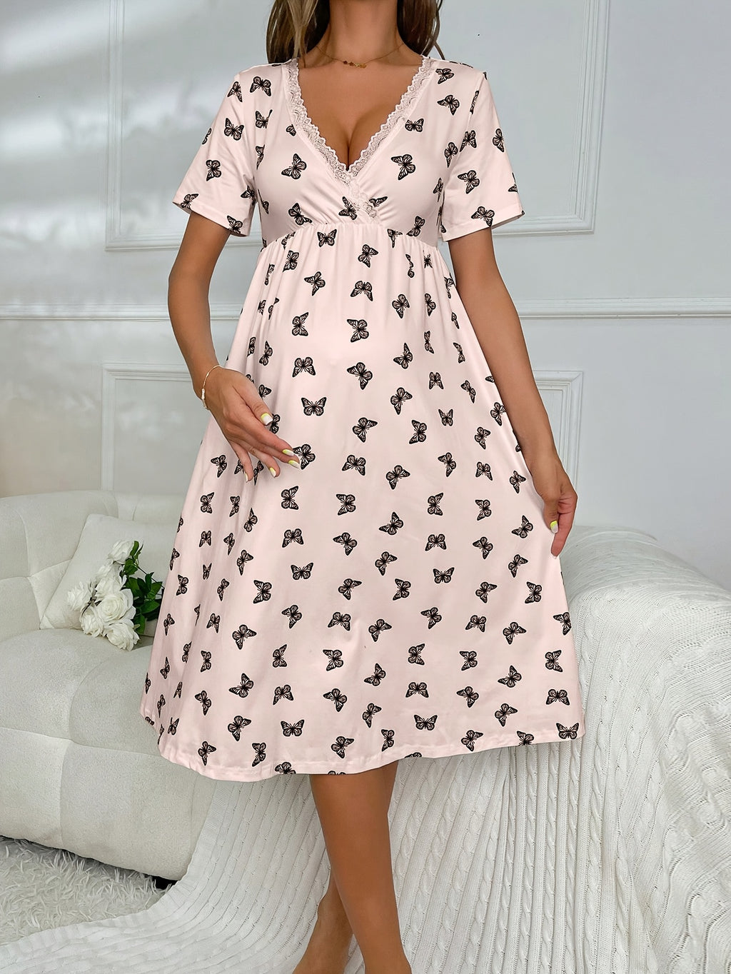 Pregnancy Nightgown - Butterfly Print And Lace Trim Short Sleeve Maternity Nightdress, A-Line Belly-Fitting Dress for Nursing And Sleepwear, Machine Washable Pajamas for Pregnant (All-Season)