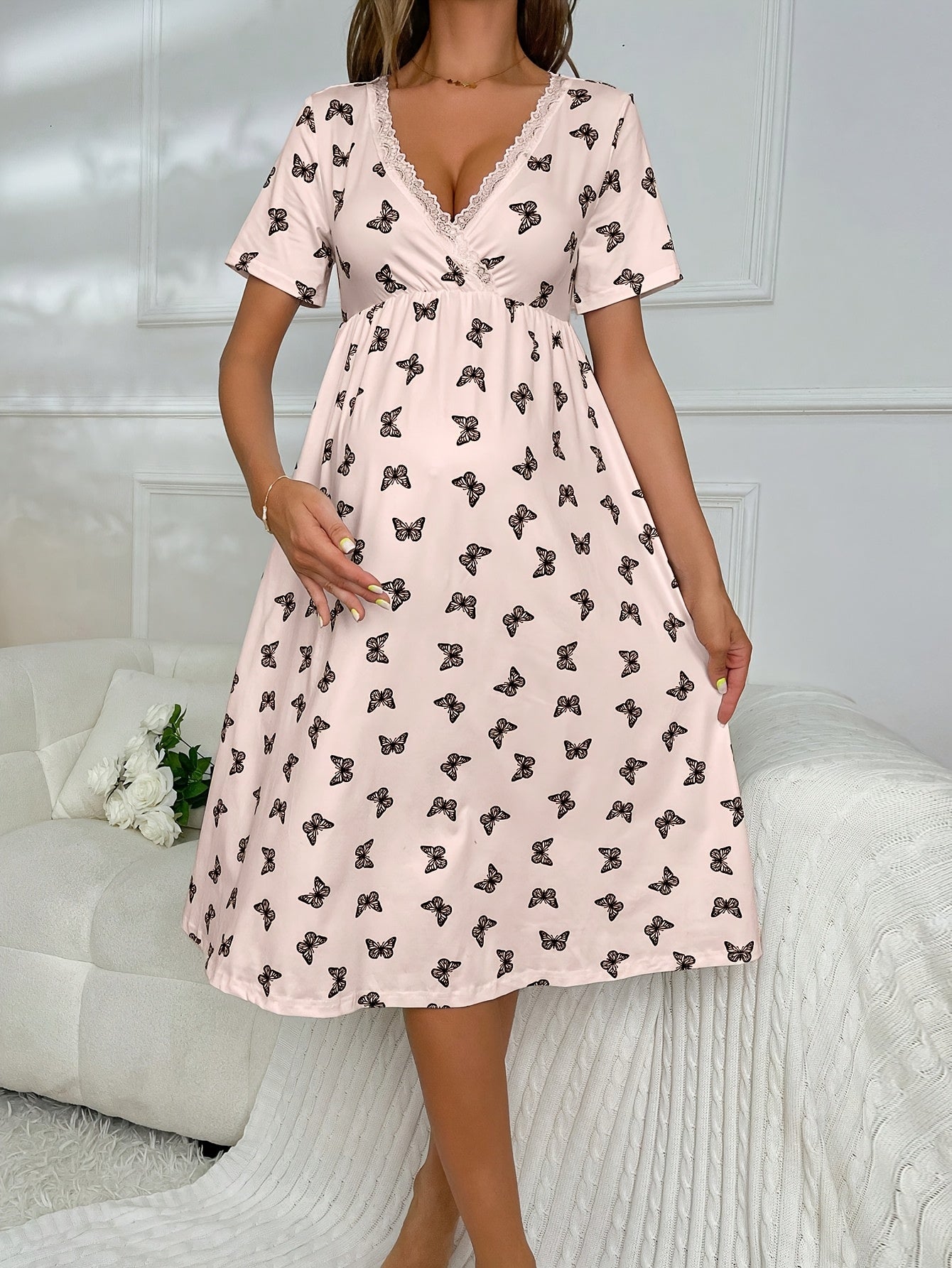 Pregnancy Nightgown - Butterfly Print And Lace Trim Short Sleeve Maternity Nightdress, A-Line Belly-Fitting Dress for Nursing And Sleepwear, Machine Washable Pajamas for Pregnant (All-Season)