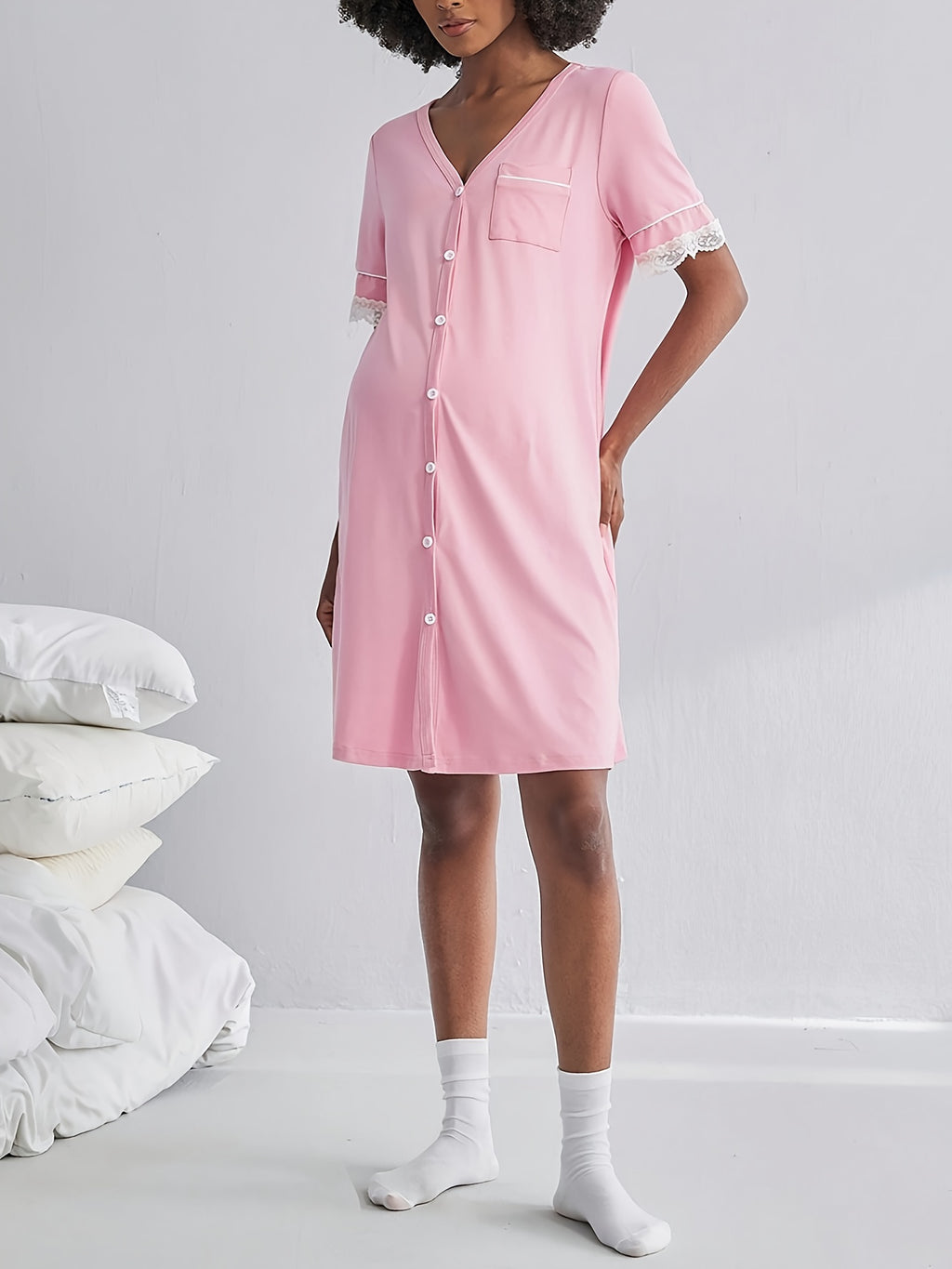 Nursing Pregnancy Nightgown with Front Button Closure & Short Sleeves - Elegant Pink Lace Nightdress Suitable for Breastfeeding Moms, Machine Washable Maternity Sleepwear