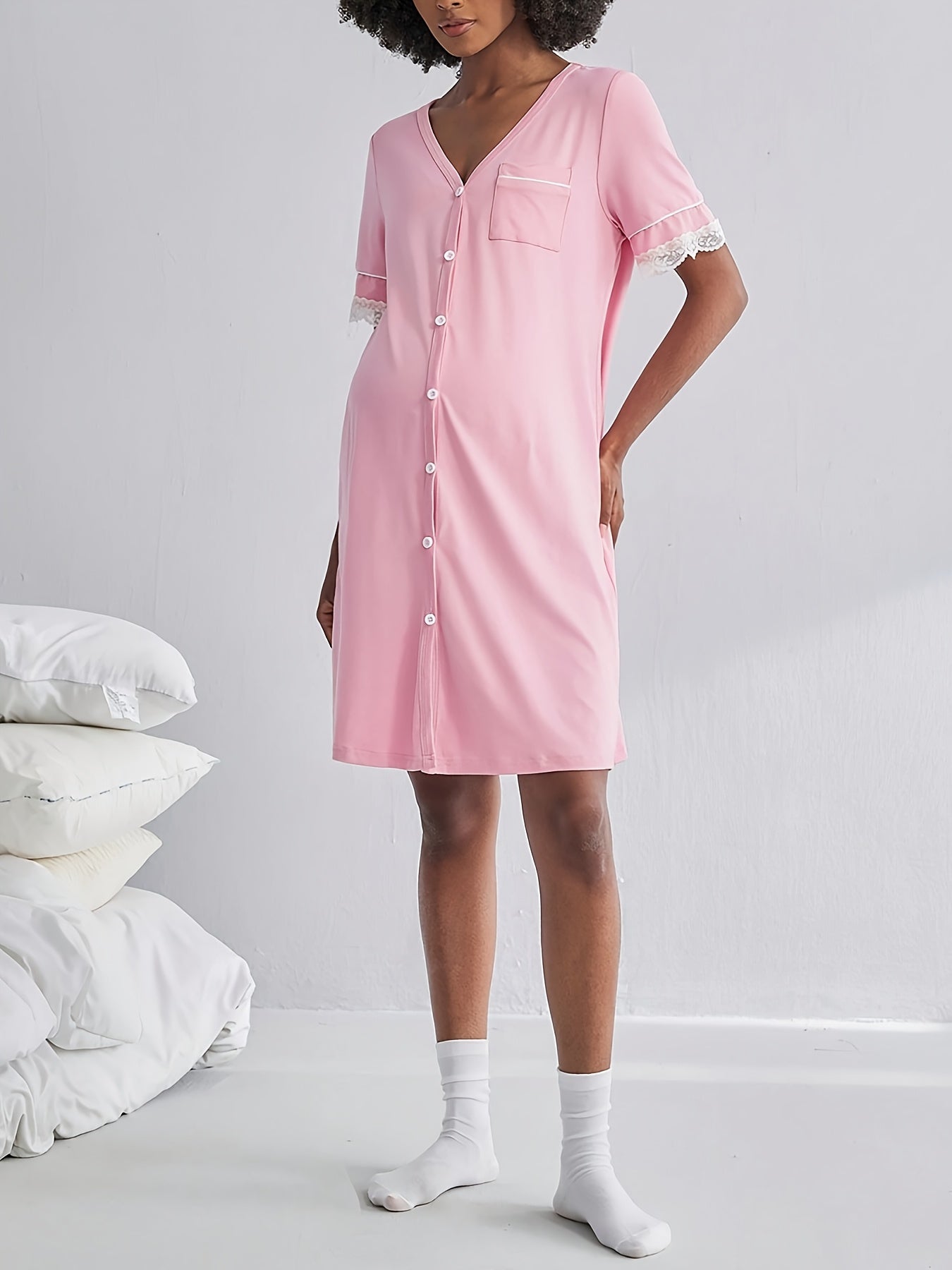 Nursing Pregnancy Nightgown with Front Button Closure & Short Sleeves - Elegant Pink Lace Nightdress Suitable for Breastfeeding Moms, Machine Washable Maternity Sleepwear
