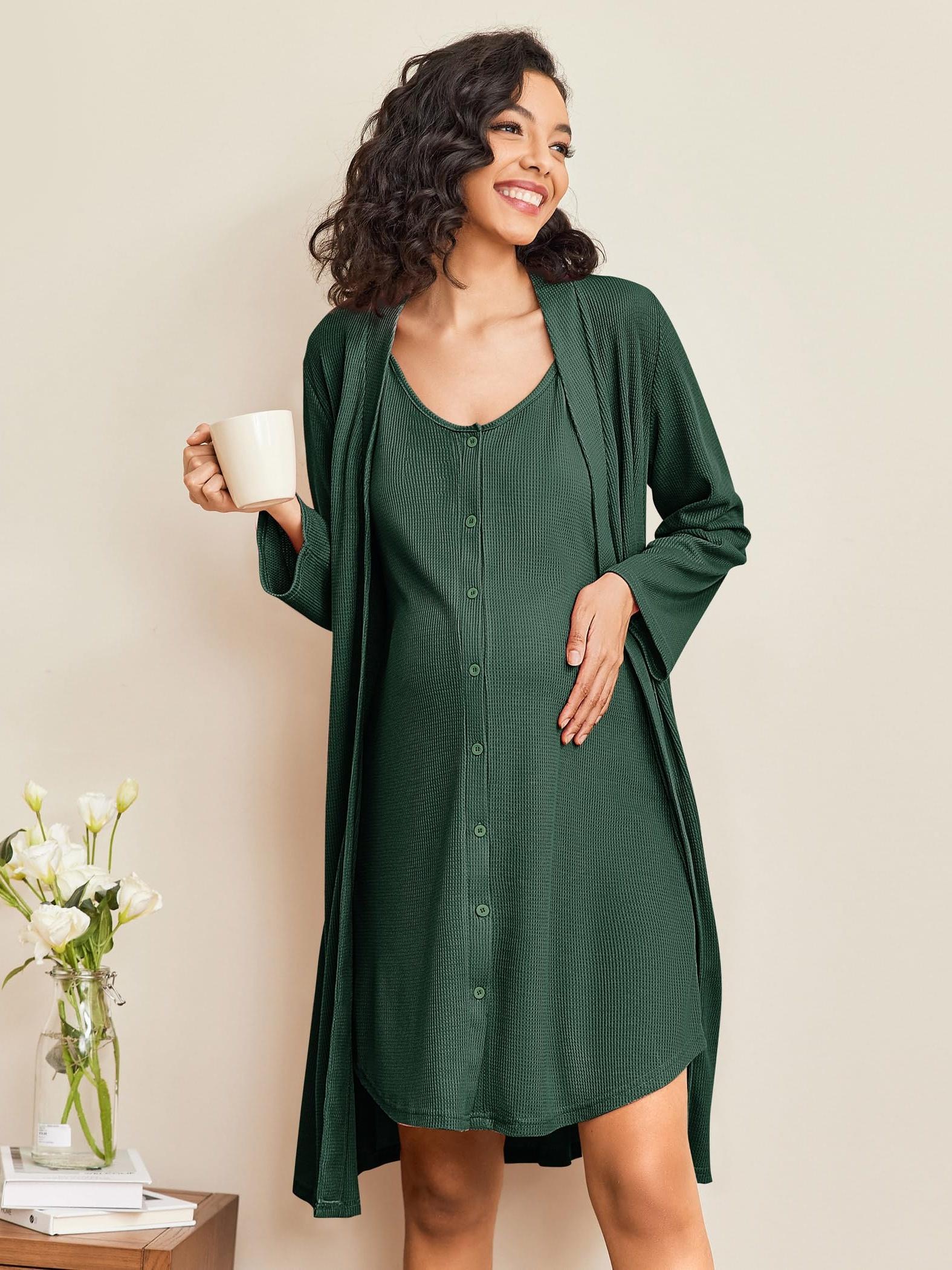 Maternity Care Clothes And Robe Set 2pcs, Waffle Nursing Nightgown 3-In-1 Loungewear, Nightgown, Suitable for Prenatal And Postpartum Wear