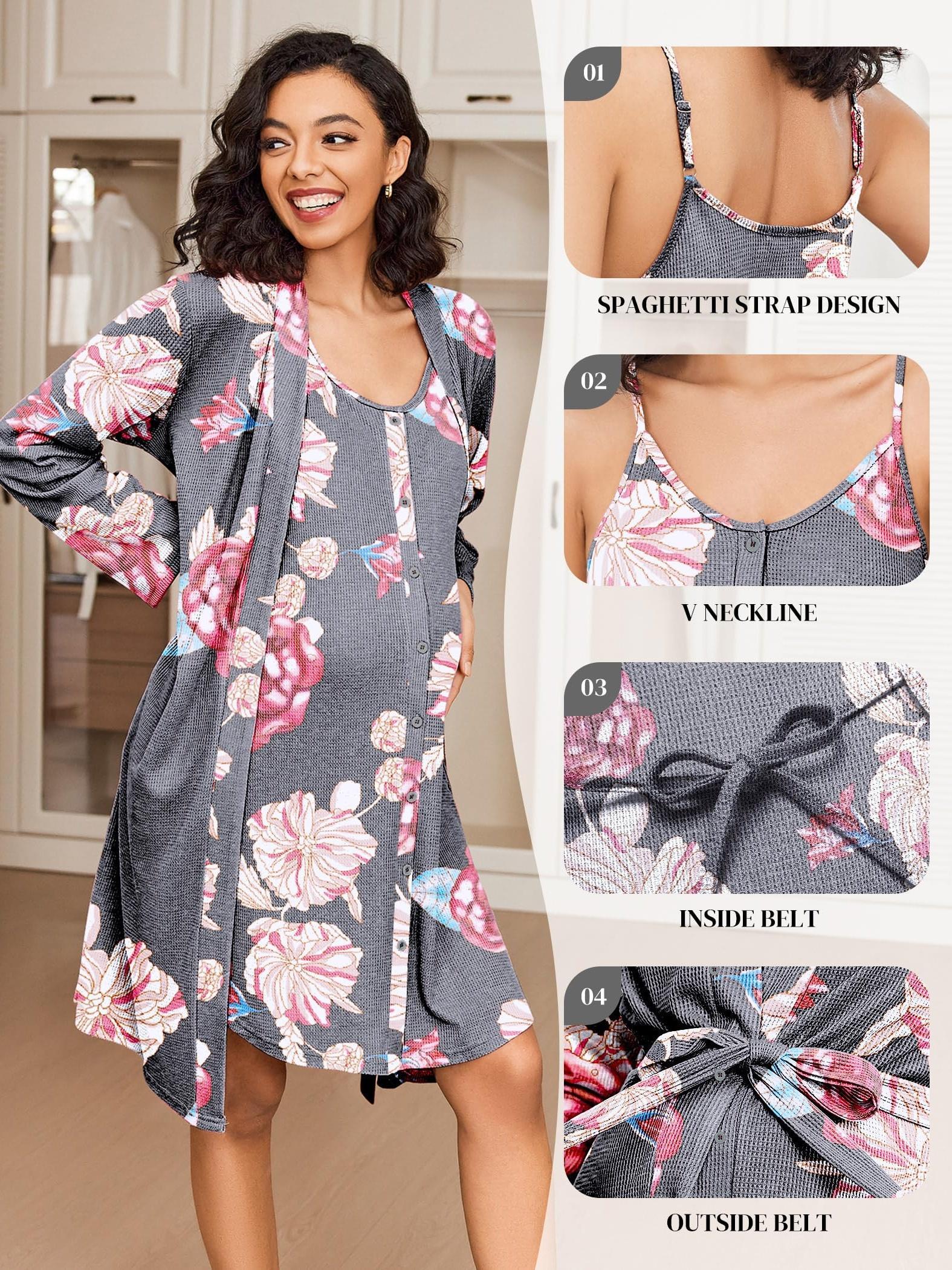 Maternity Care Clothes And Robe Set 2pcs, Waffle Nursing Nightgown 3-In-1 Loungewear, Nightgown, Suitable for Prenatal And Postpartum Wear