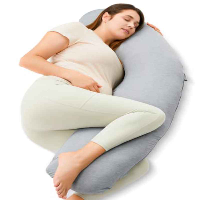 Momcozy Cooling Pregnancy Body Pillow with J-Shaped - Belly, Hip & Leg Pillow for Maternity Sleep Aid, Soft Filled for, Cooling Cover for Night, Narrow Bed Compatible for due date & postpartum care