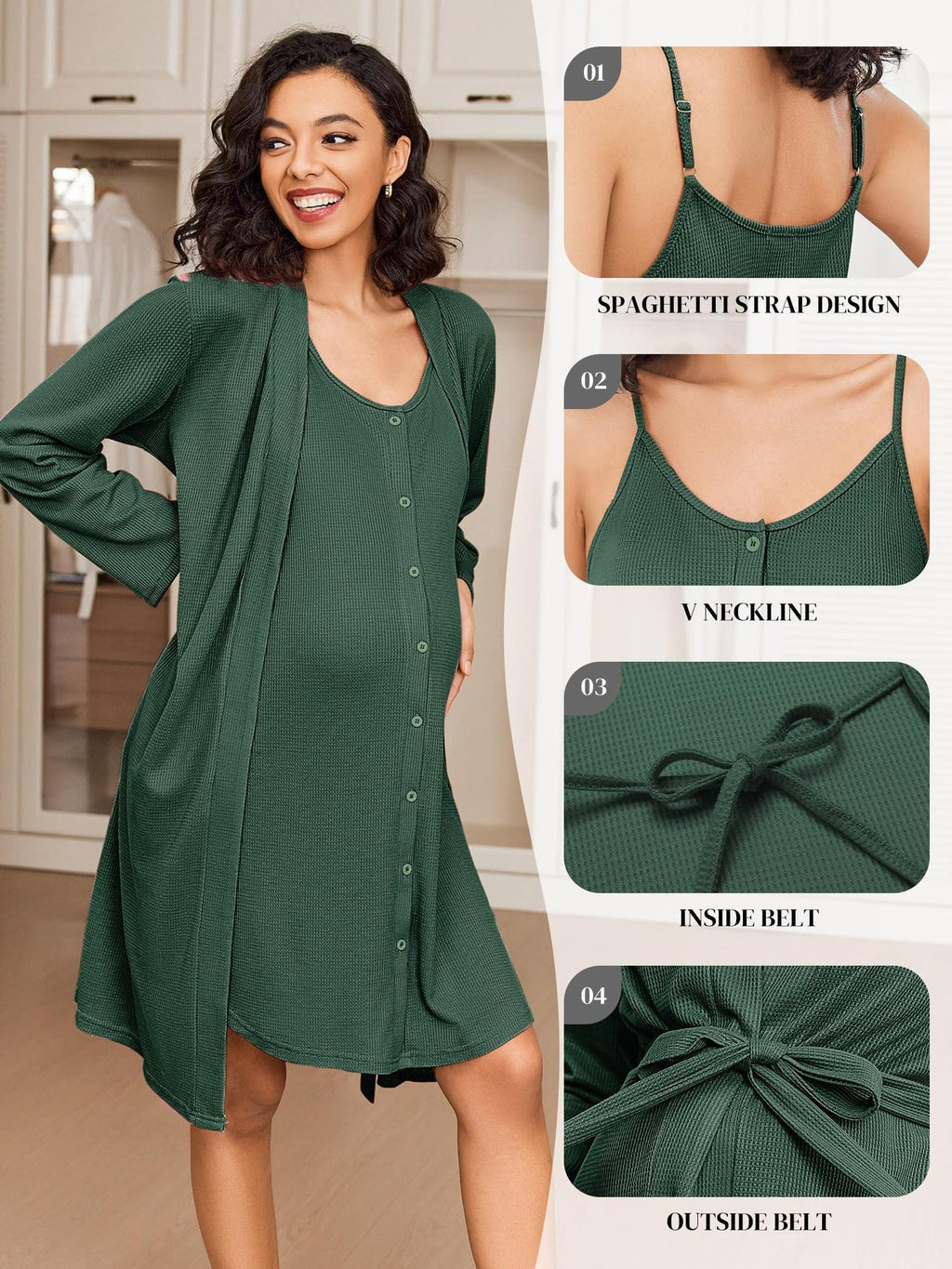 Maternity Care Clothes And Robe Set 2pcs, Waffle Nursing Nightgown 3-In-1 Loungewear, Nightgown, Suitable for Prenatal And Postpartum Wear