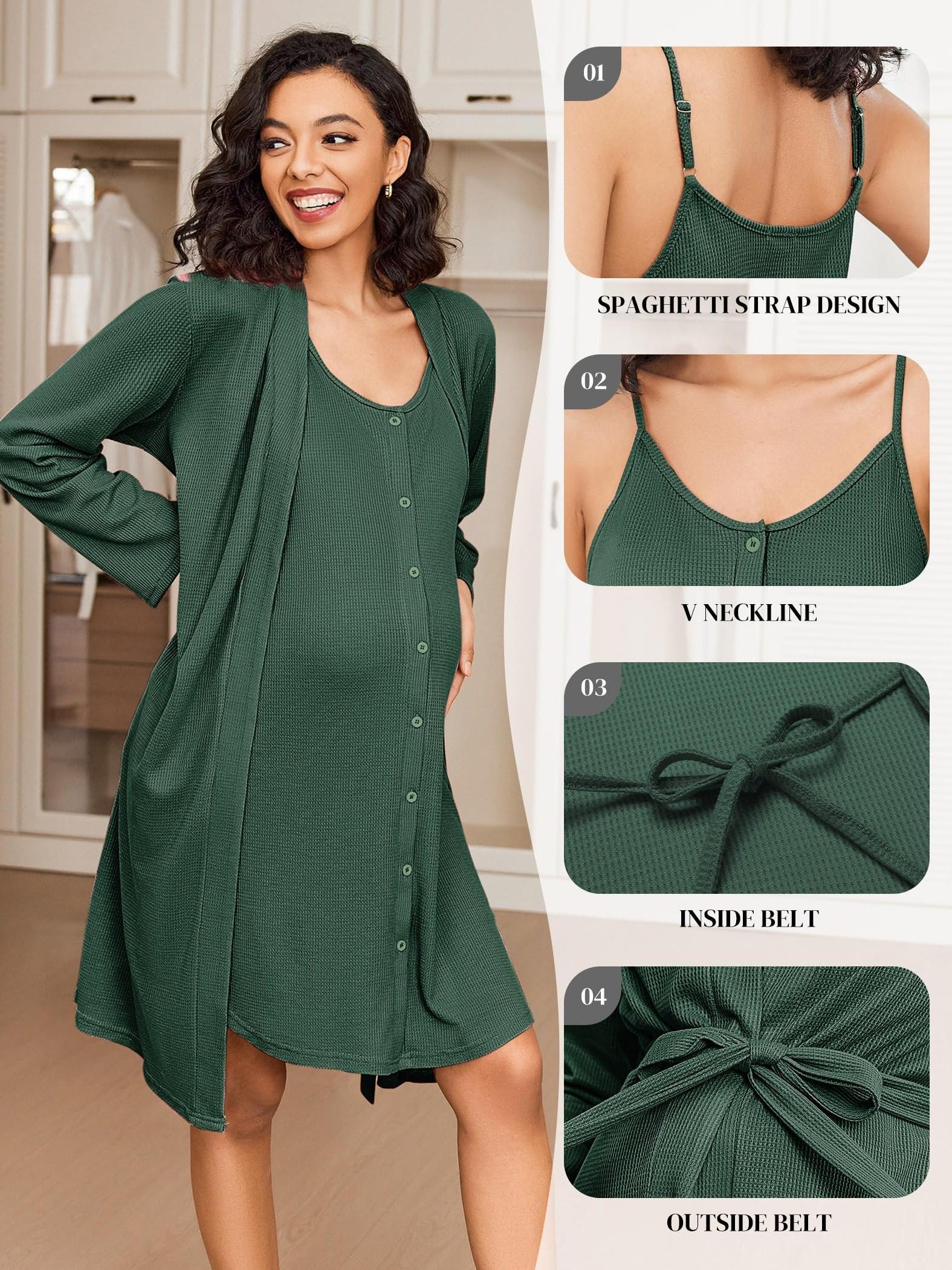 Maternity Care Clothes And Robe Set 2pcs, Waffle Nursing Nightgown 3-In-1 Loungewear, Nightgown, Suitable for Prenatal And Postpartum Wear