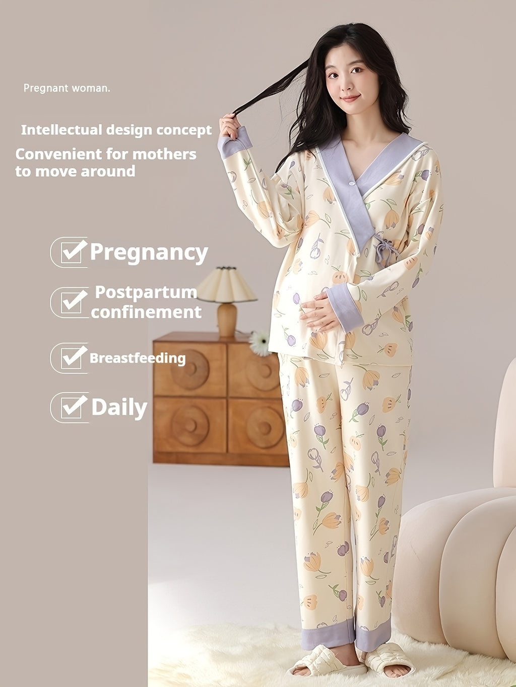 Tulip Gentle Spring Maternity Home Wear Built-In Bra Pads Adjustable Waistband V-Neck Kimono Style Tie Maternity Postpartum Breastfeeding Pajamas Long Sleeve Long Pants Two-Piece Set