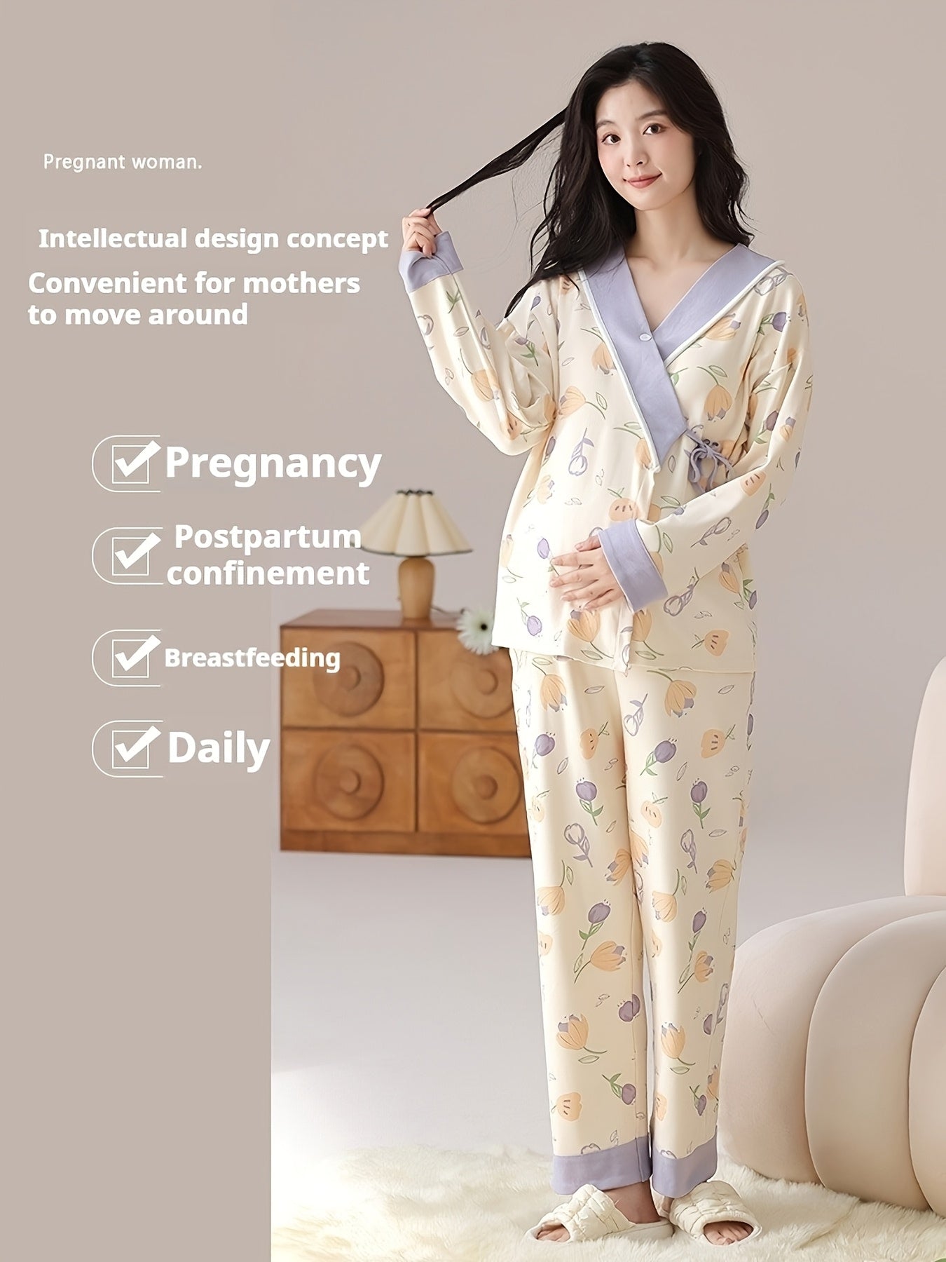 Tulip Gentle Spring Maternity Home Wear Built-In Bra Pads Adjustable Waistband V-Neck Kimono Style Tie Maternity Postpartum Breastfeeding Pajamas Long Sleeve Long Pants Two-Piece Set