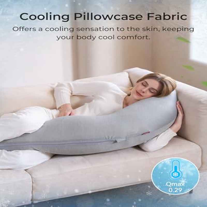 Momcozy Cooling Pregnancy Body Pillow with J-Shaped - Belly, Hip & Leg Pillow for Maternity Sleep Aid, Soft Filled for, Cooling Cover for Night, Narrow Bed Compatible for due date & postpartum care