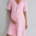 Nursing Pregnancy Nightgown with Front Button Closure & Short Sleeves - Elegant Pink Lace Nightdress Suitable for Breastfeeding Moms, Machine Washable Maternity Sleepwear