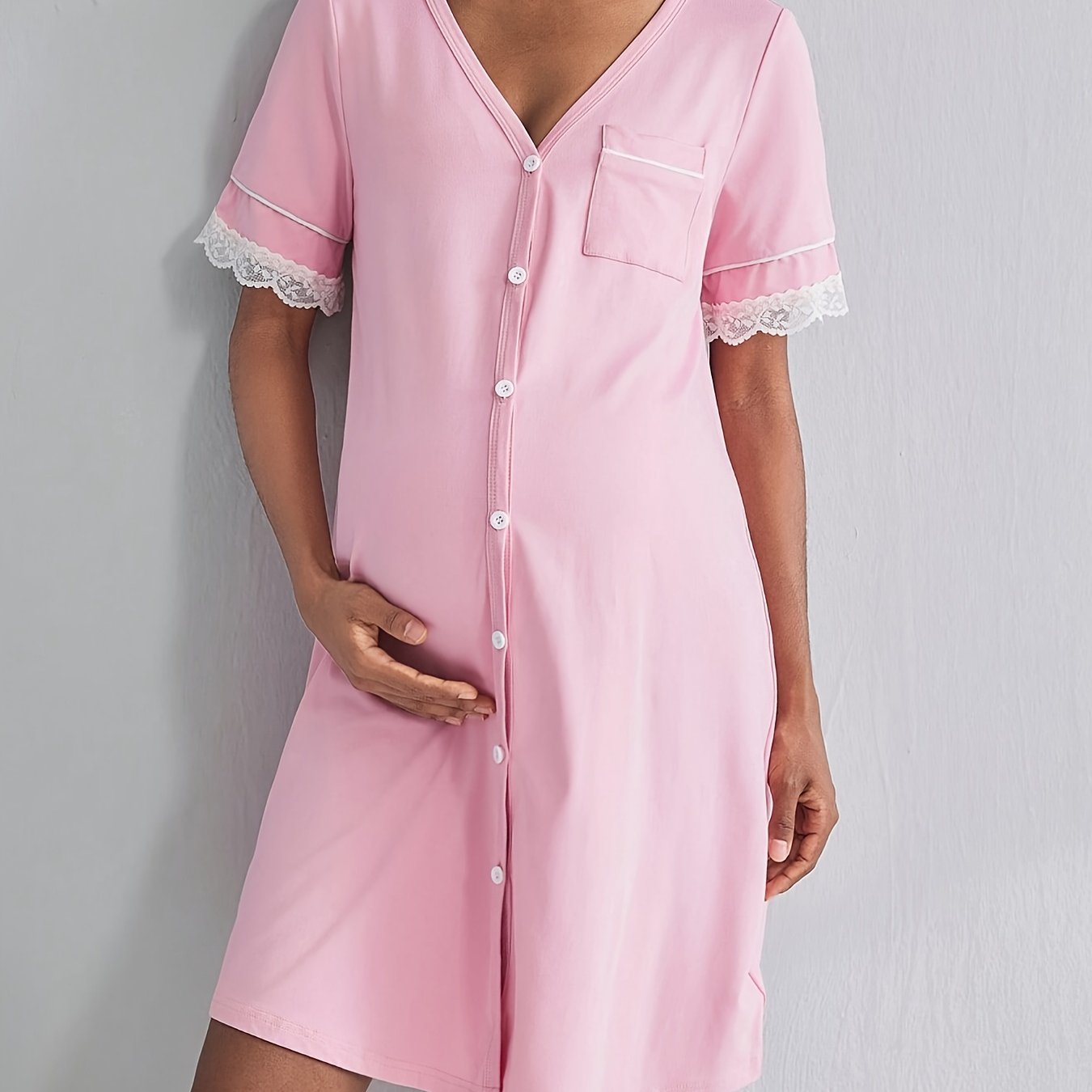 Nursing Pregnancy Nightgown with Front Button Closure & Short Sleeves - Elegant Pink Lace Nightdress Suitable for Breastfeeding Moms, Machine Washable Maternity Sleepwear