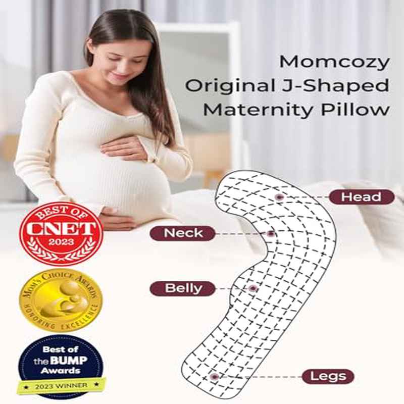 Momcozy Cooling Pregnancy Body Pillow with J-Shaped - Belly, Hip & Leg Pillow for Maternity Sleep Aid, Soft Filled for, Cooling Cover for Night, Narrow Bed Compatible for due date & postpartum care