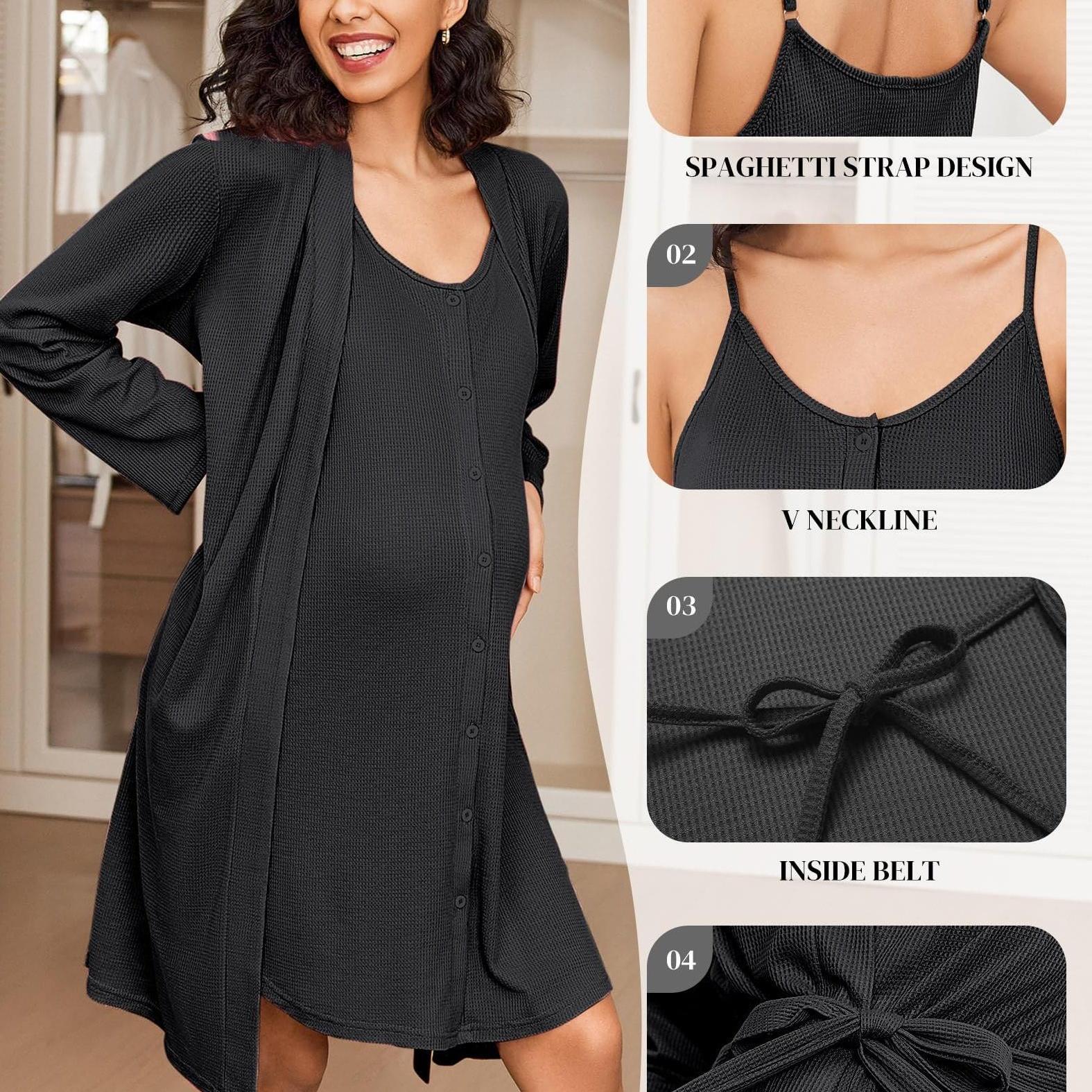 Maternity Care Clothes And Robe Set 2pcs, Waffle Nursing Nightgown 3-In-1 Loungewear, Nightgown, Suitable for Prenatal And Postpartum Wear