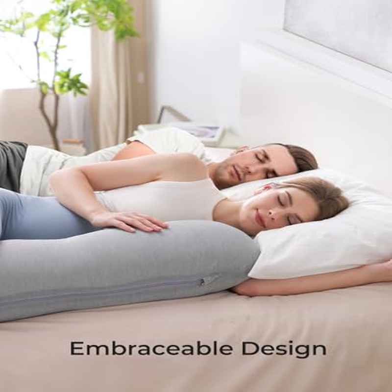 Momcozy Cooling Pregnancy Body Pillow with J-Shaped - Belly, Hip & Leg Pillow for Maternity Sleep Aid, Soft Filled for, Cooling Cover for Night, Narrow Bed Compatible for due date & postpartum care